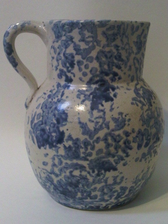American Blue and white spongeware pitcher, unusual form For Sale