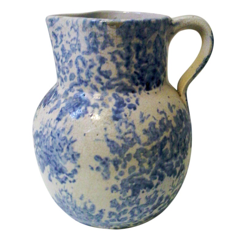 Blue and white spongeware pitcher, unusual form For Sale