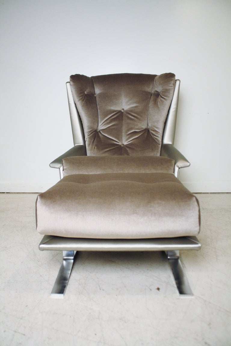 Steel 1970s Chrome Sled Wing Chair and Ottoman