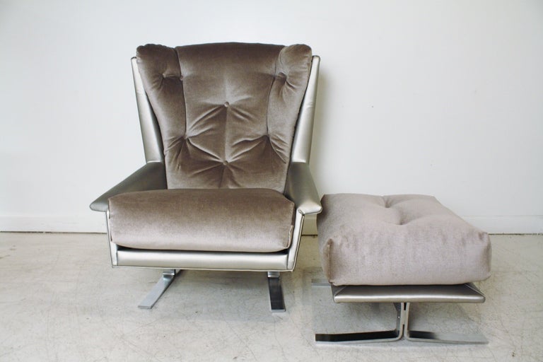 1970s Chrome Sled Wing Chair and Ottoman 1