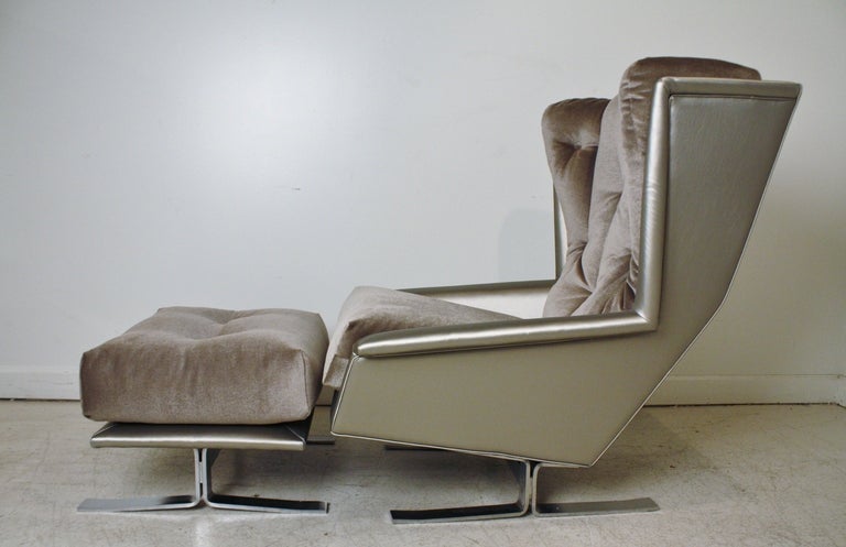 Stunning 1970s wing chair and ottoman on solid chrome sled legs reupholstered in Maharam 