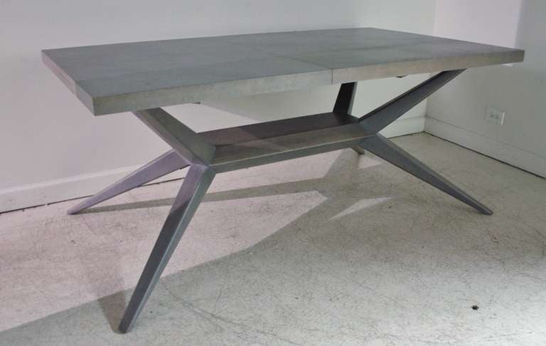 1950s Limed oak dining table designed by Harold Schwartz for Romweber completely refinished in a Mission gray bleached oak finish. Unusual and rare dining table is well constructed and sturdy made of solid oak flared design base and quarter-sawn
