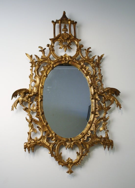 Antique gold Chippendale mirror with dodo birds and pagoda motif
