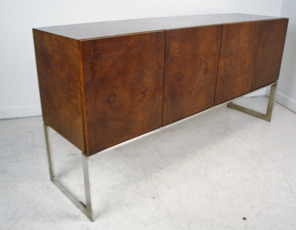 Burl Walnut Sideboard Credenza by Milo Baughman for Thayer Coggin.  4 door, double cabinet floats on minimalist metal sled legs.  Two interior shelves and two interior utensil drawers.