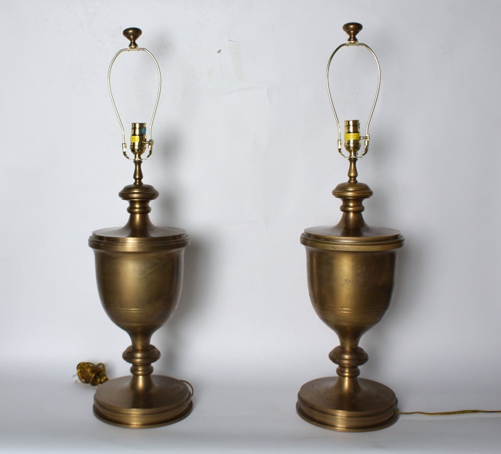 Lovely pair of brass urn shape lamps by Chapman with original shades, c.1972 Shade is 24