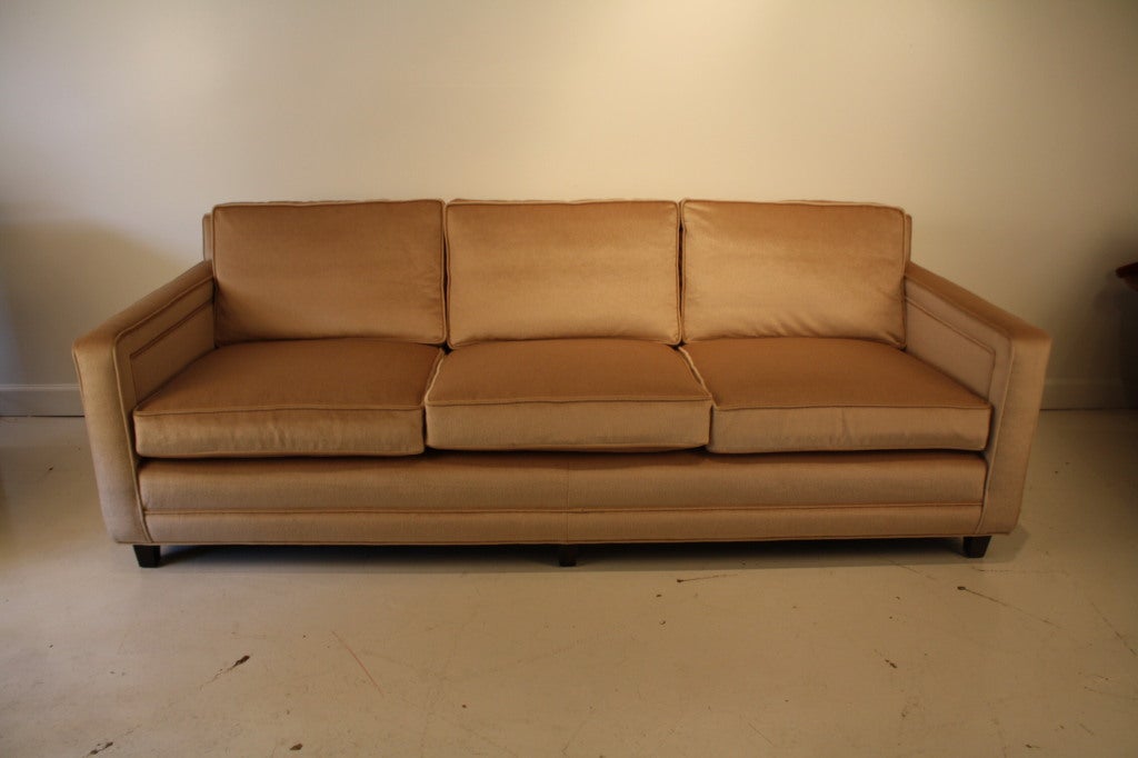 John Widdicomb tuxedo style sofa newly upholstered in a luxurious camel color mohair