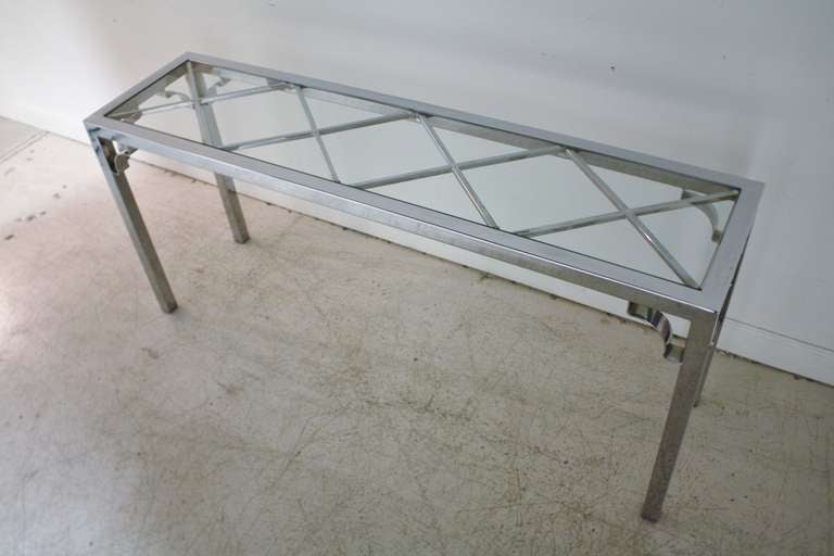 Chinese Chippendale Chrome and Glass Console Sofa Table