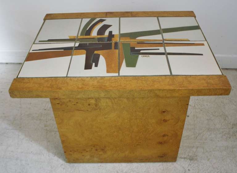 Late 20th Century Burlwood and Art Tile-Top End Table