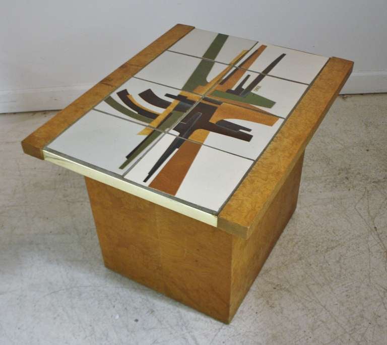 1970s burl wood end table with abstract art tile-top signed by artist, 