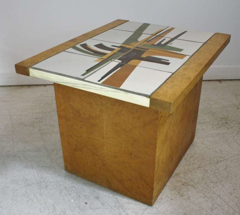 Brass Burlwood and Art Tile-Top End Table