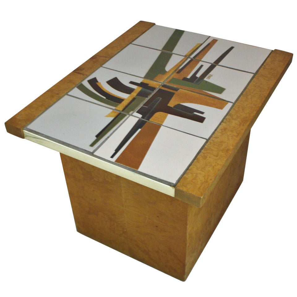 Burlwood and Art Tile-Top End Table