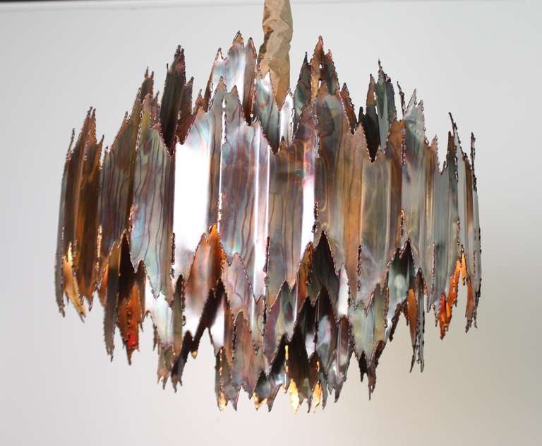 Brutalist chandelier designed by Tom Greene for Feldman Co, 1960s in bronze tone. 