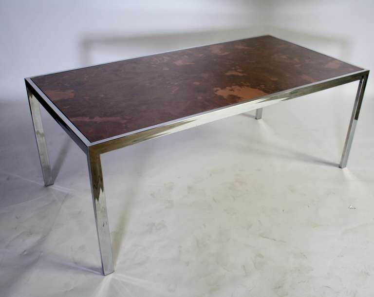 Very rare design by Milo Baughman for DIA (Design Institute of America) chrome Parsons-style dining table with a stunning acid-etched copper top. Chairs from this set are available in a separate listing.