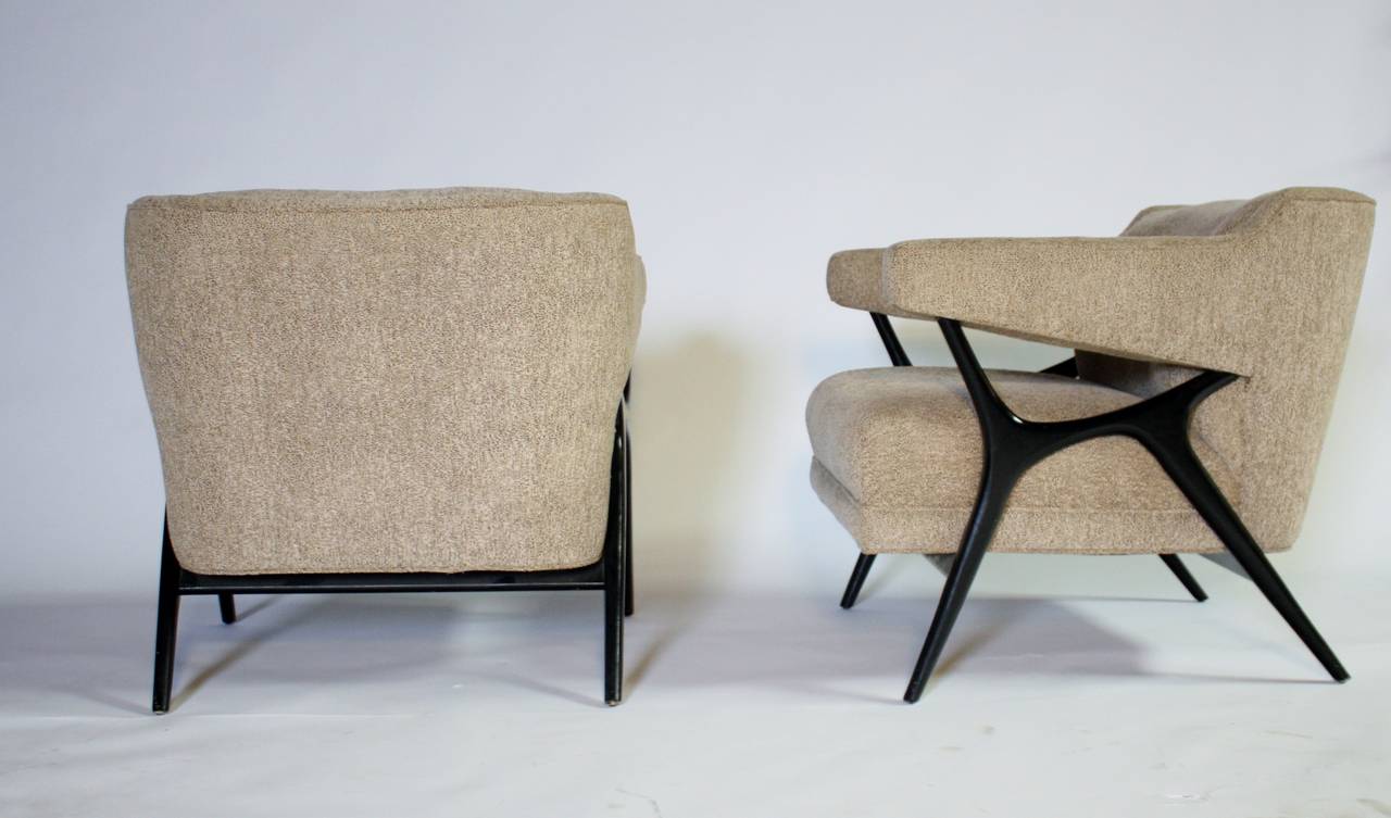 Ebonized Sculptural Frame Lounge Armchairs in the Style of Kagan