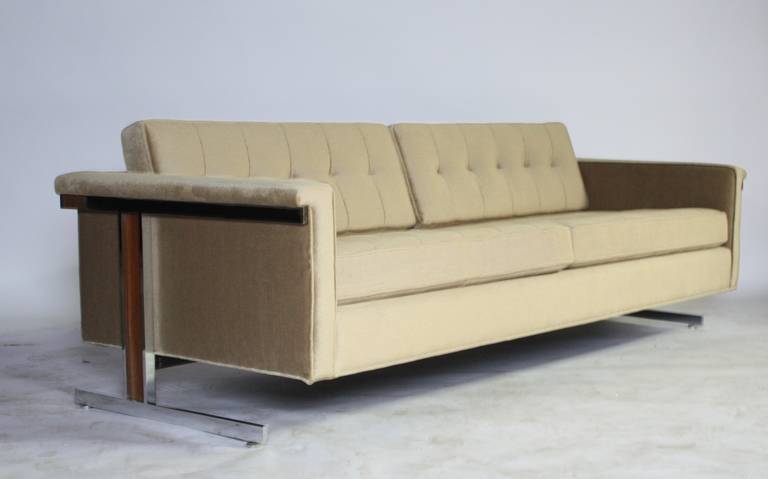 Cantilevered Chrome and Wood Frame Mohair Sofa