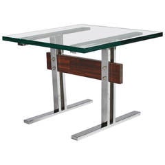 Chrome and Glass End Table with Rosewood Beam