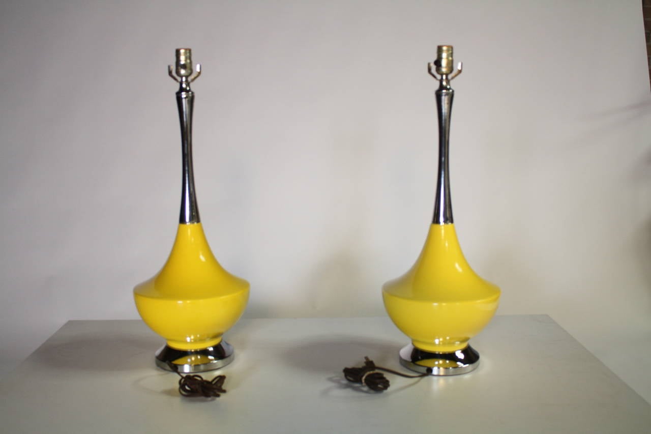 Polished Chrome and Yellow Ceramic Genie Lamps