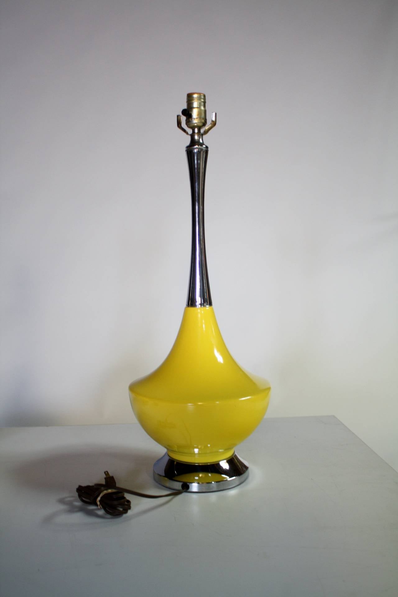 Chrome and Yellow Ceramic Genie Lamps In Excellent Condition In Chicago, IL