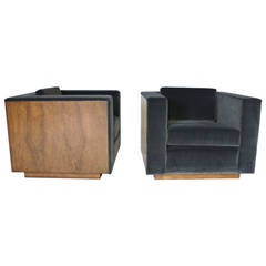 Pair of Wood Frame Cube Club Chairs by Milo Baughman