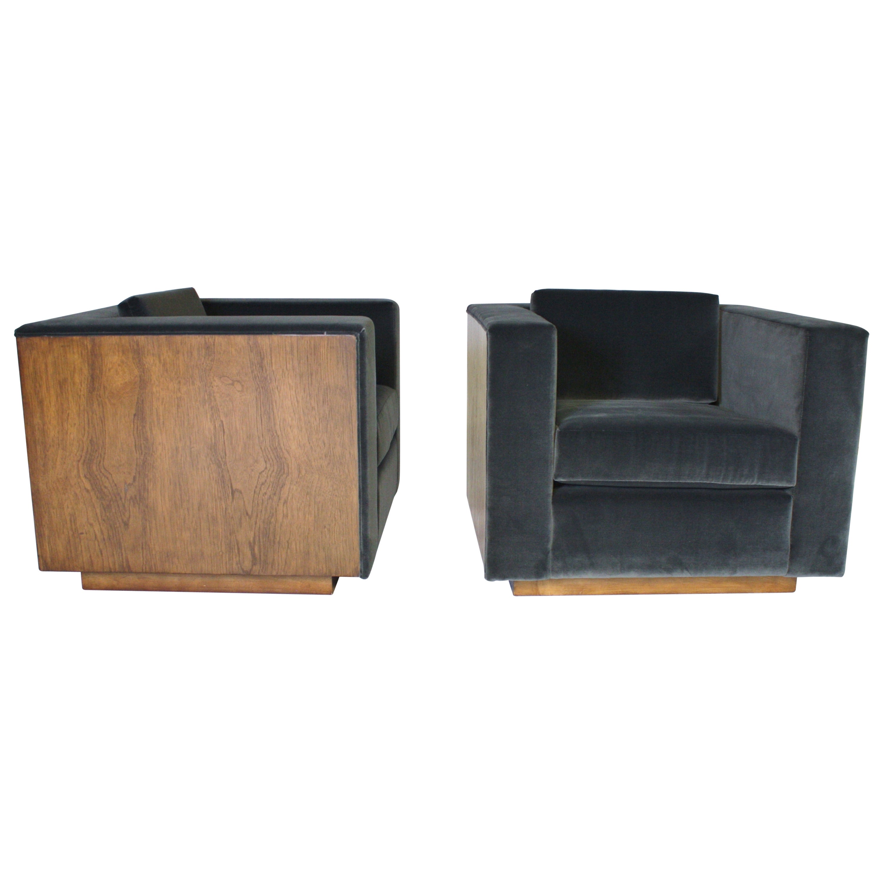 Pair of Wood Frame Cube Club Chairs by Milo Baughman