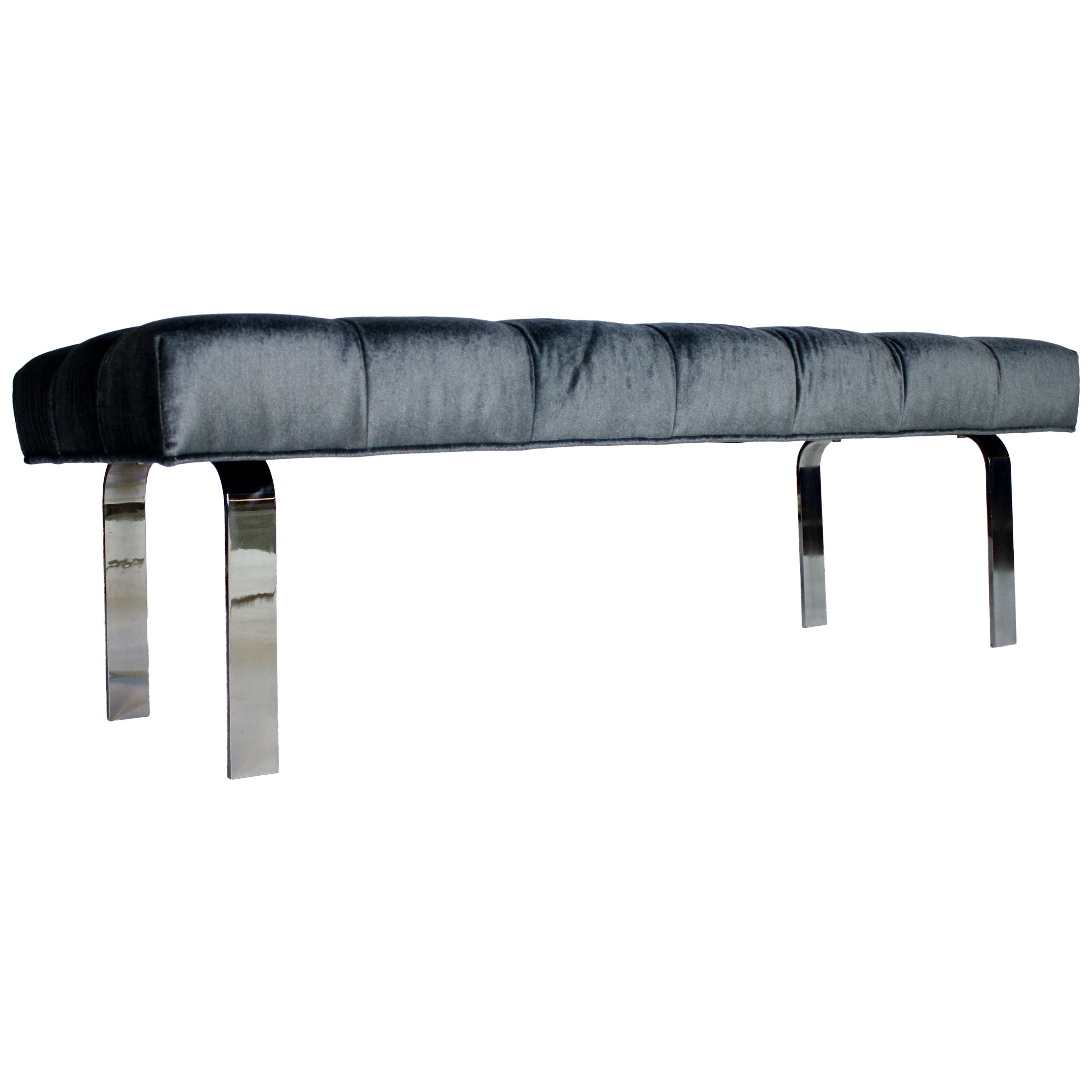 1970s Steel Frame and Steel Blue Mohair Tufted Bench