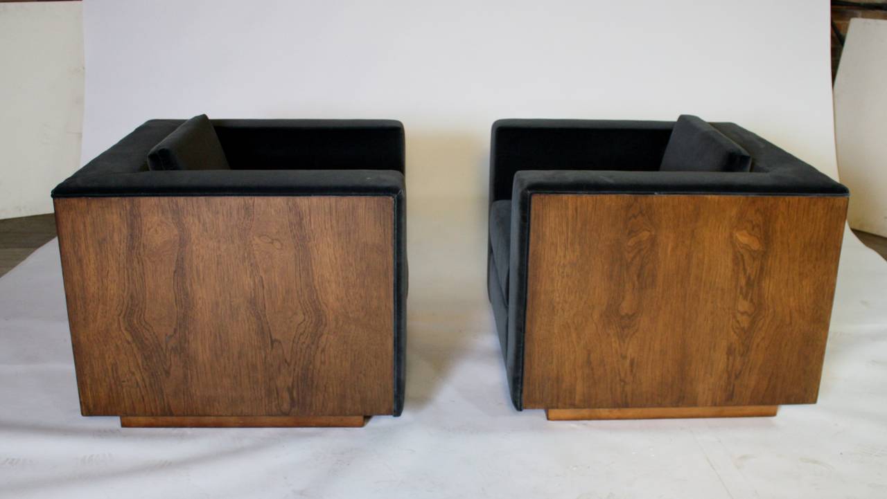 Mid-20th Century Pair of Wood Frame Cube Club Chairs by Milo Baughman