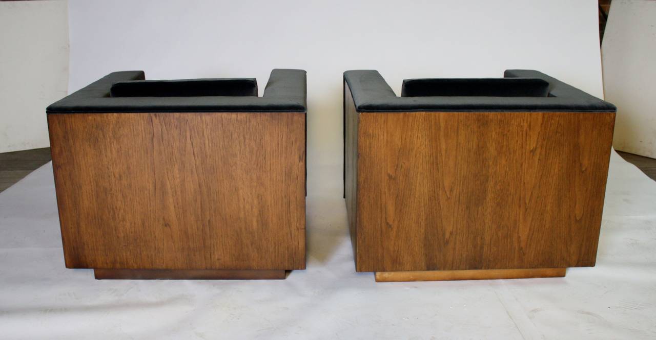 Velvet Pair of Wood Frame Cube Club Chairs by Milo Baughman
