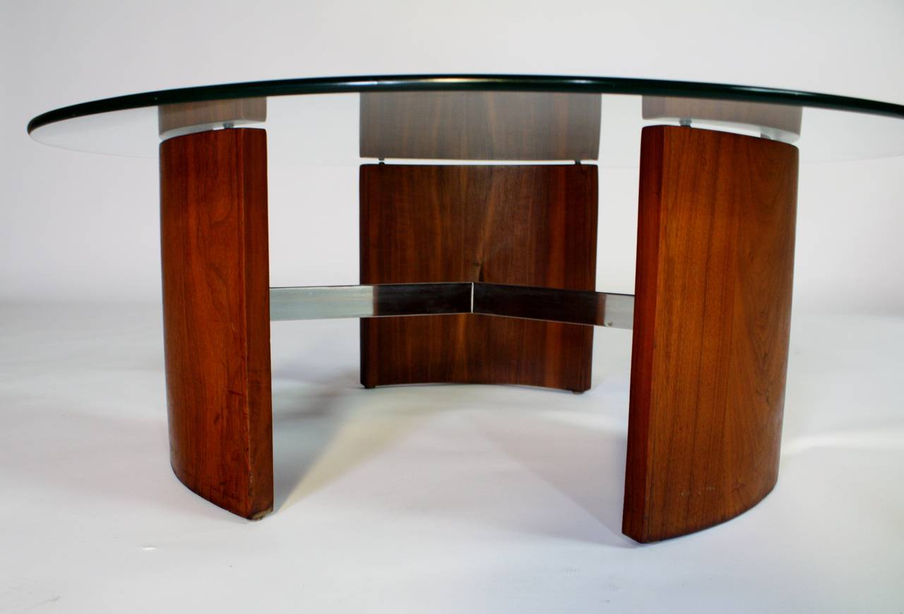 Vladimir kagan radius cocktail table and side or end table in walnut and steel with glass tops. Cocktail table measures 40