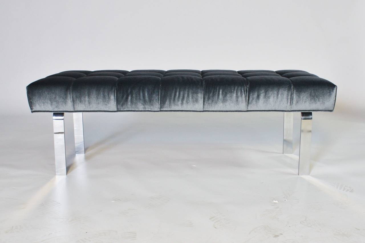 American 1970s Steel Frame and Steel Blue Mohair Tufted Bench