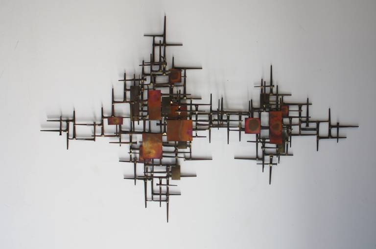 Brutalist nail wall sculpture by William Stege, labeled. Hang horizontal or vertical.