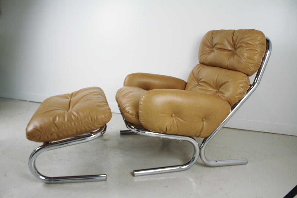 1970s tubular chrome chair and ottoman by Directional reupholstered in a dark beige 