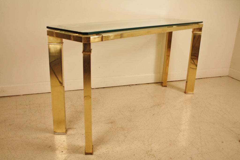 Brass plated metal console or sofa table in the style of Mastercraft.  1/2