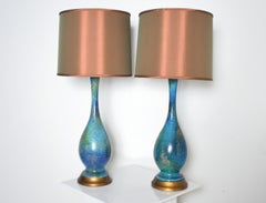 Pair of Blue Bulbous Mid Century Lamps