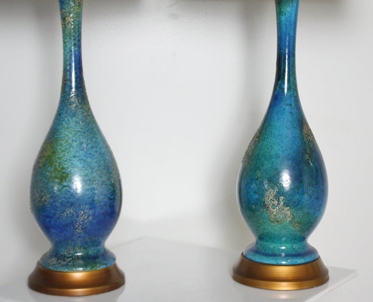 American Pair of Blue Bulbous Mid Century Lamps
