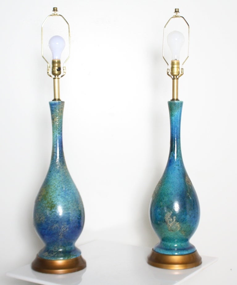 Pair of Blue Bulbous Mid Century Lamps In Excellent Condition In Chicago, IL