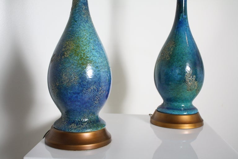 Ceramic Pair of Blue Bulbous Mid Century Lamps