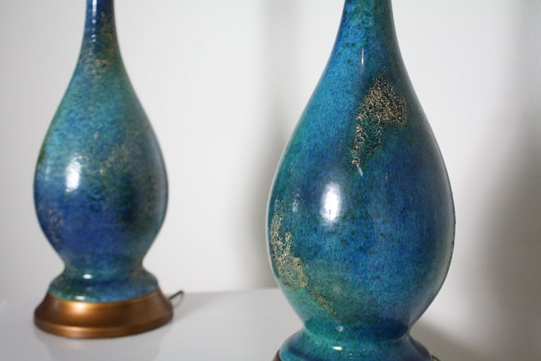 Pair of Blue Bulbous Mid Century Lamps 1