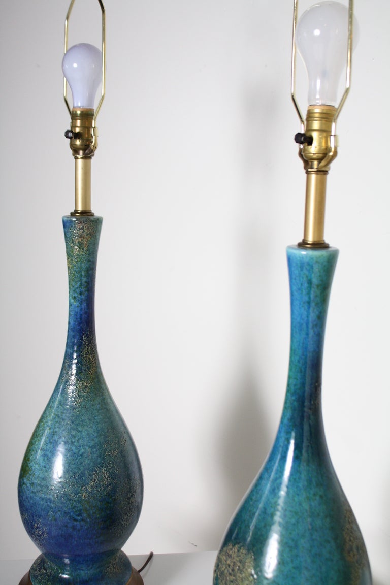 Mid-20th Century Pair of Blue Bulbous Mid Century Lamps