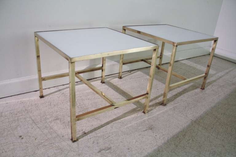 Pair of Brass and White Glass End Tables at 1stdibs