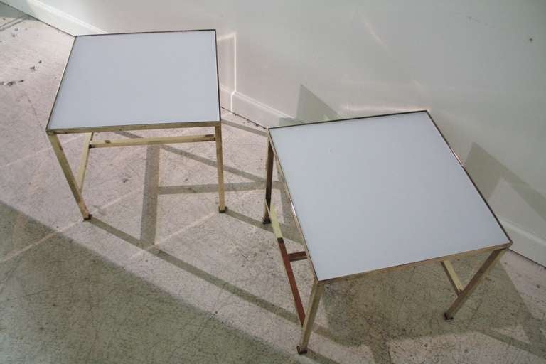 Pair of Brass and White Glass End Tables at 1stdibs