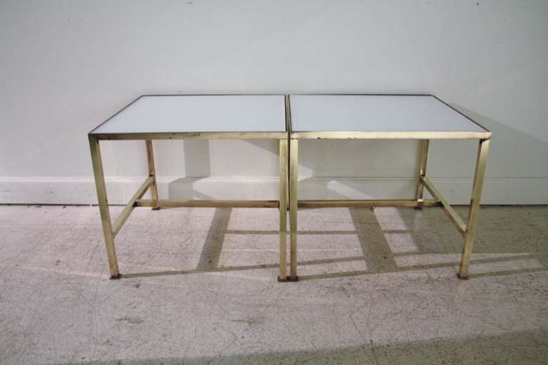 Pair of Brass and White Glass End Tables at 1stdibs