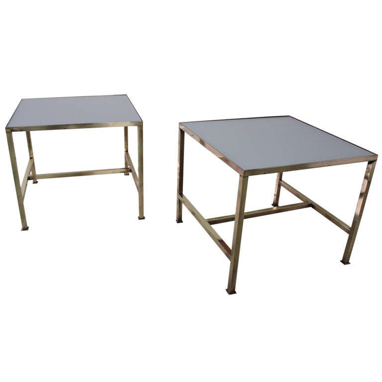 Pair of Brass and White Glass End Tables at 1stdibs