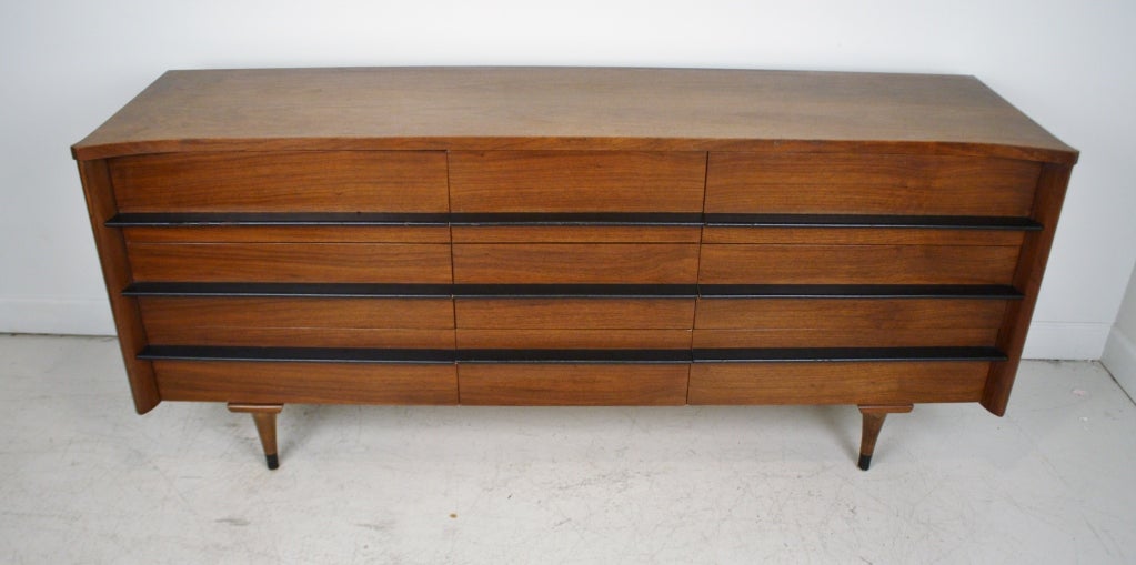 Solid walnut nine drawer dresser with black leather pulls by American of Martinsville