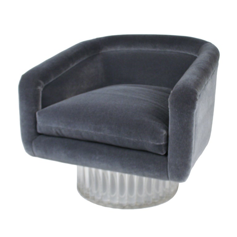 Lucite Base swivel Chair in Smoky Slate Mohair