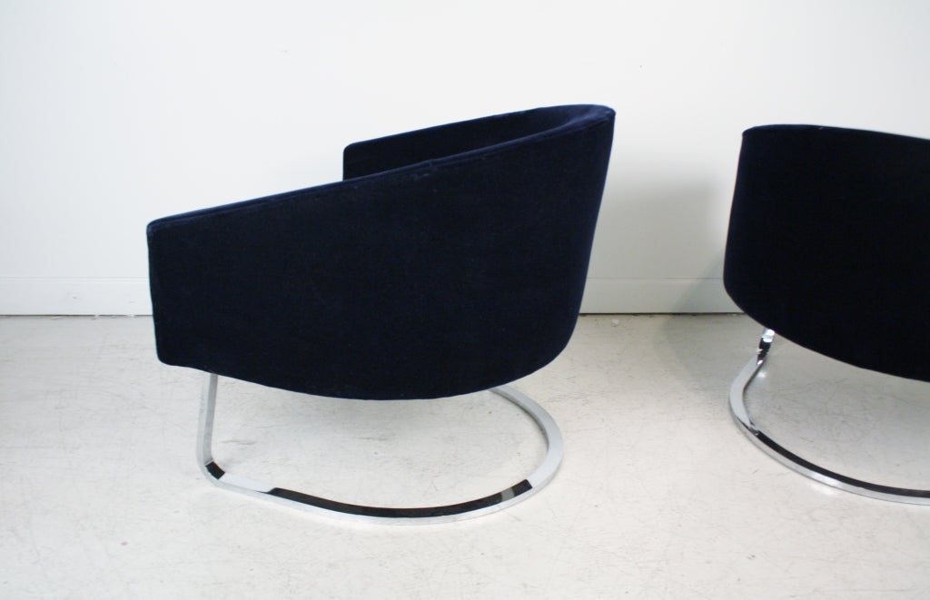 Steel Pair of Wide Barrel Chairs on Chrome Sled Legs