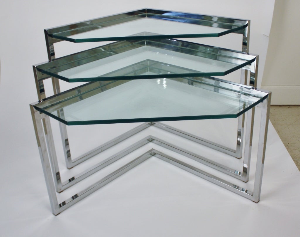 Late 20th Century Set of Three Chrome and Glass Nesting Tables