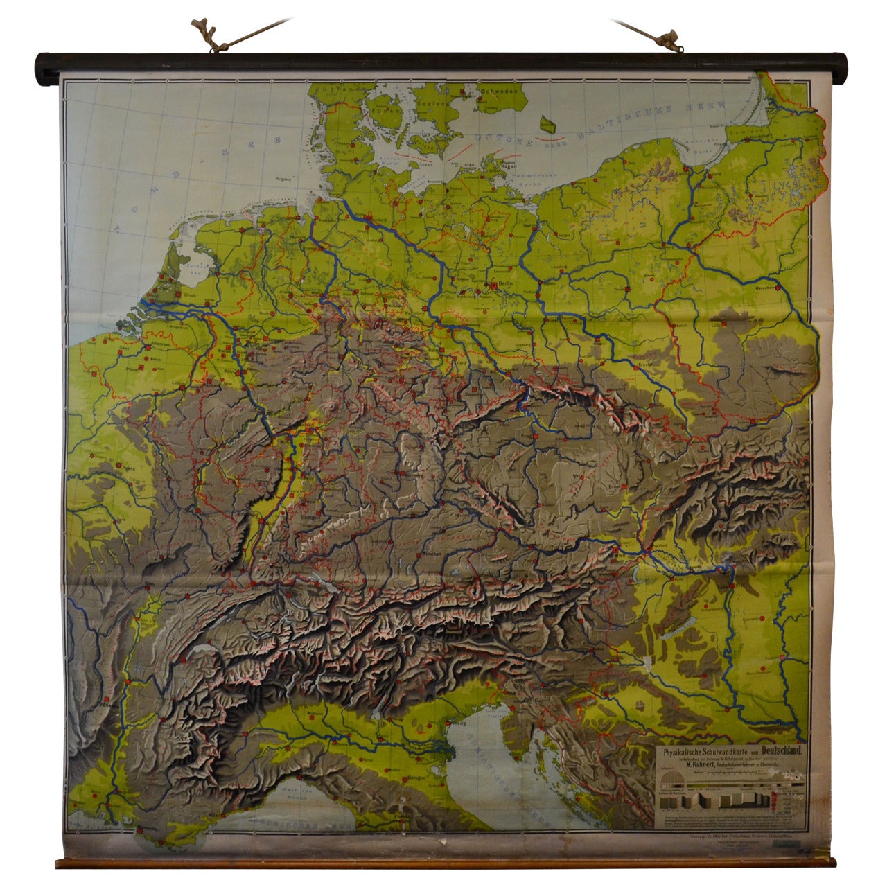 Schoolroom Topographic Map of Germany with Contiguous France, Italy, Switzerland