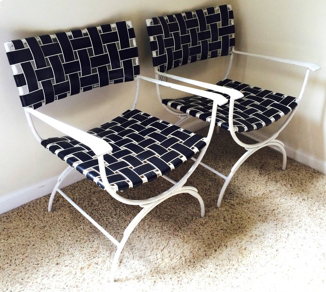 Mid-century Modern Brown Jordan patio chairs (pair) in black and white nylon webbing on original white paint, steel frames.