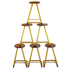 Vintage Industrial stools with steel bases and maple seats, set of 6