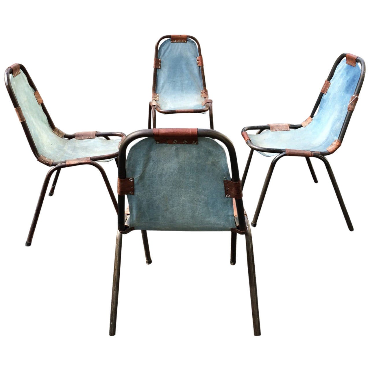 Charlotte Perriand Style Denim Deck Chairs, Sold as Set of Four